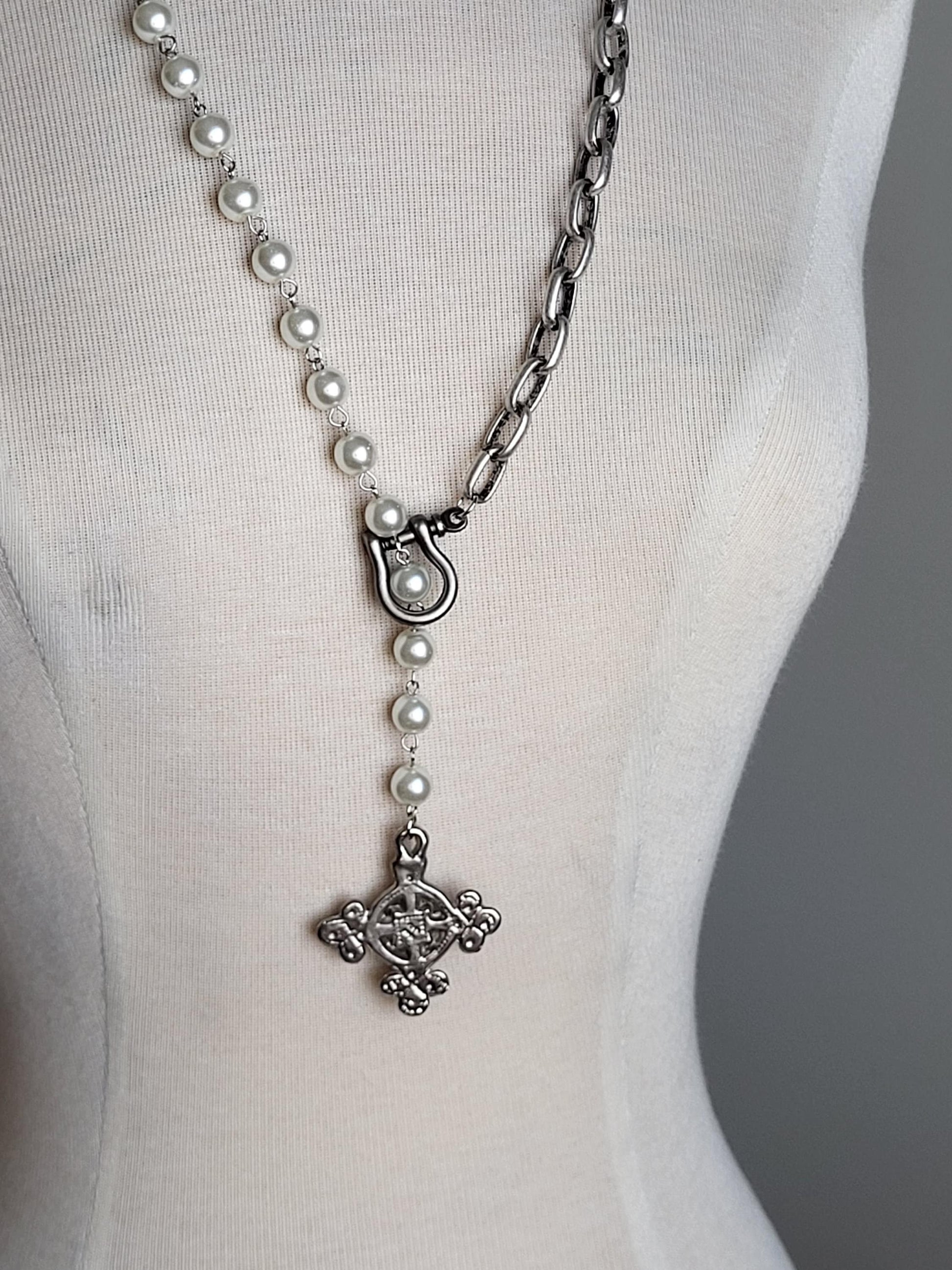 Long Pearl Necklace with Intricate Byzantine Cross Pendant - Customizable Length