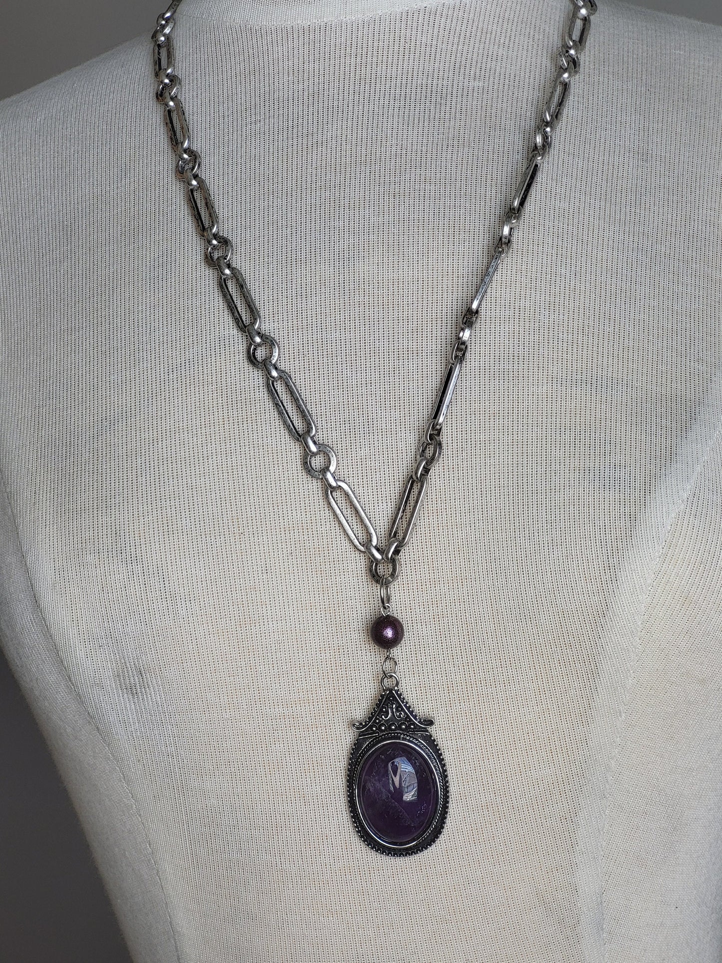 Large Amethyst Pendant, long handmade necklace in Silver finished setting and oval link chunky chain, Handcrafted Statement Necklace