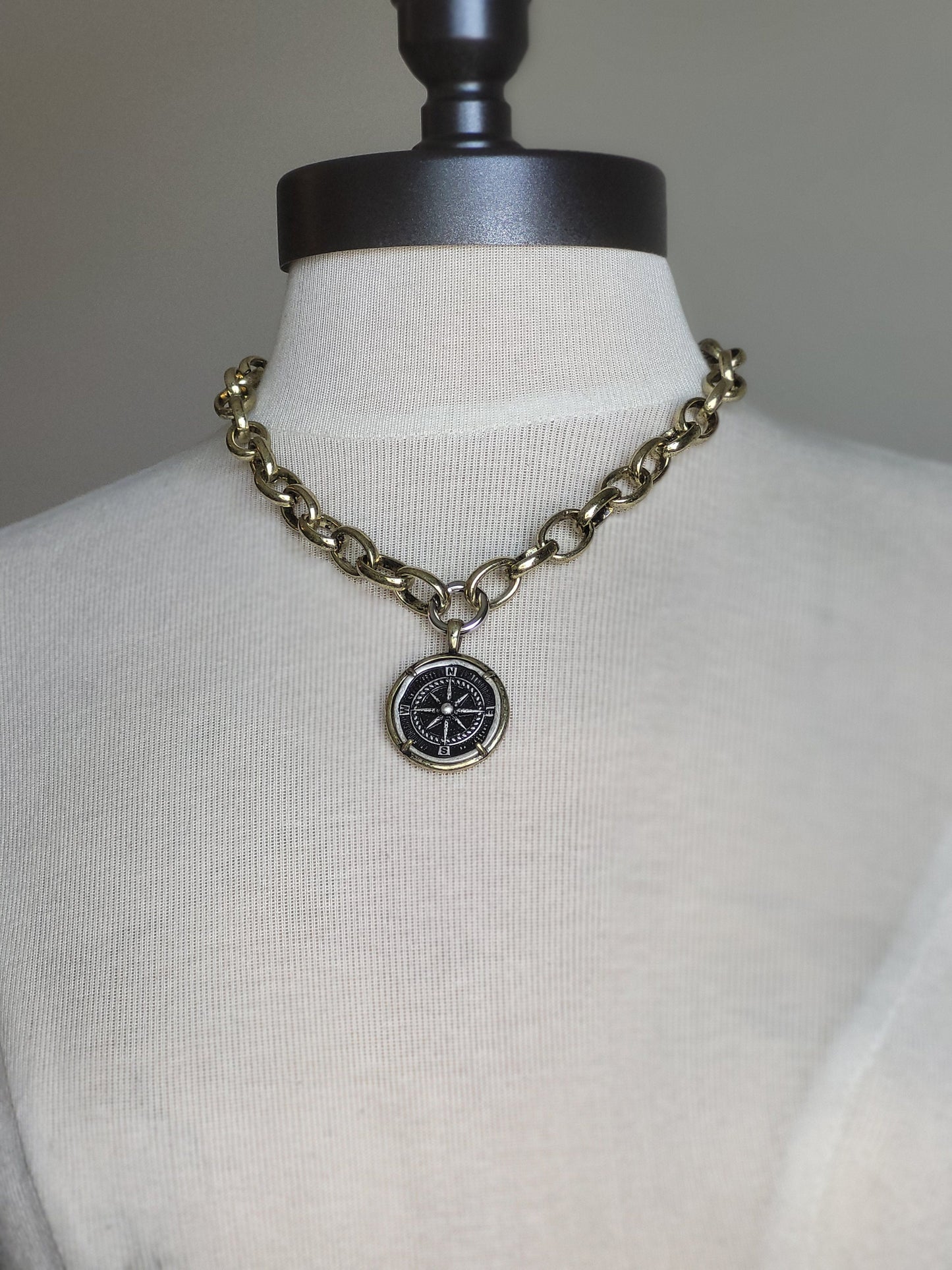 Boho Wanderlust Necklace: Chunky Oval Link Chain with Mixed Metal Mariner's Compass Pendant, Boho Jewelry