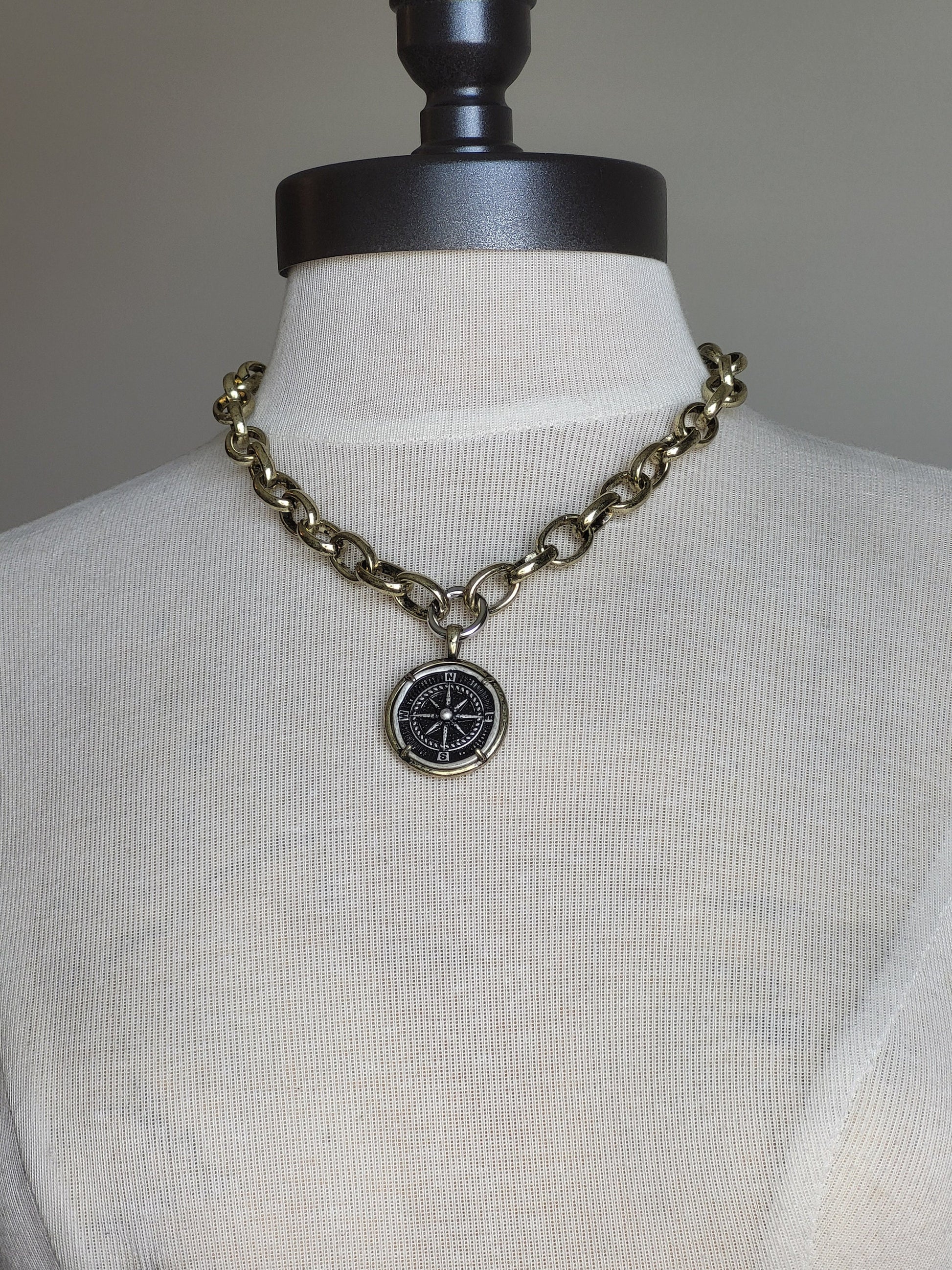 Boho Wanderlust Necklace: Chunky Oval Link Chain with Mixed Metal Mariner's Compass Pendant, Boho Jewelry