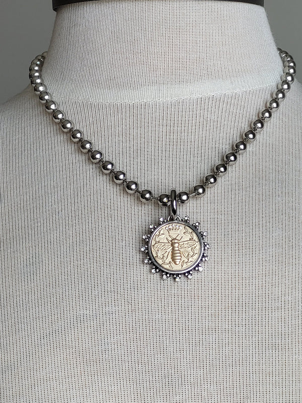 French Bee Coin Pendant on chunky Silver Ball Chain , Handmade Customized Necklace