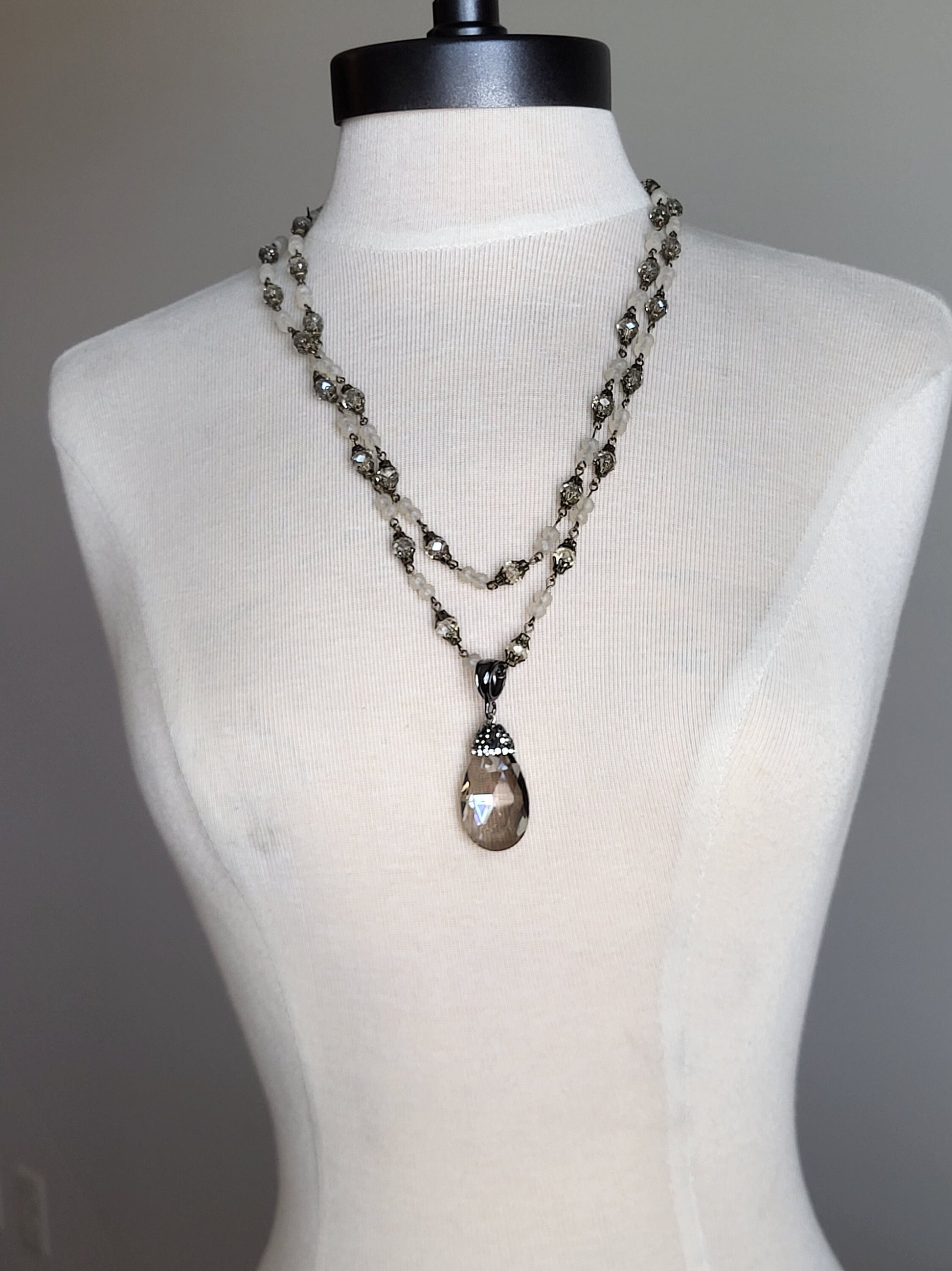 Gorgeous Handcrafted Double Strand Rosary Chain with Smokey Crystal and Sparkling Cubic Zirconia Pendant