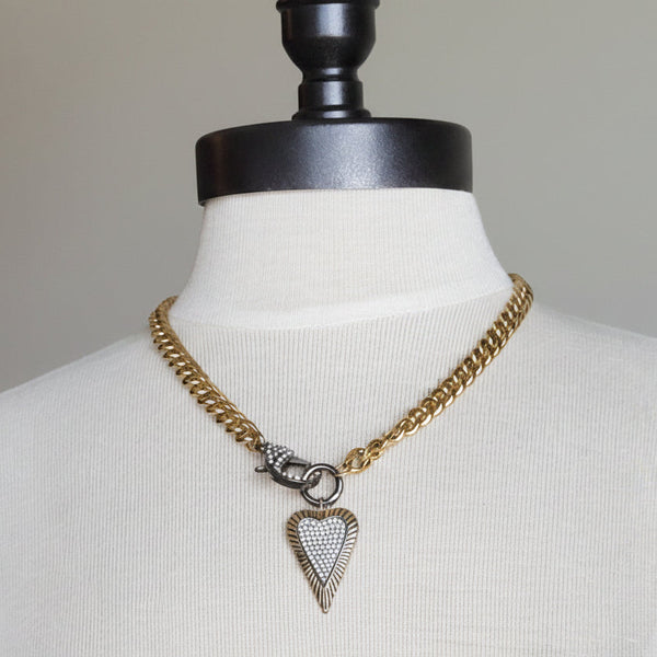 Chunky Curb Chain Necklace with Glittering Pave Heart and Oversized sparkly Lobster Clasp - Glam Jewelry