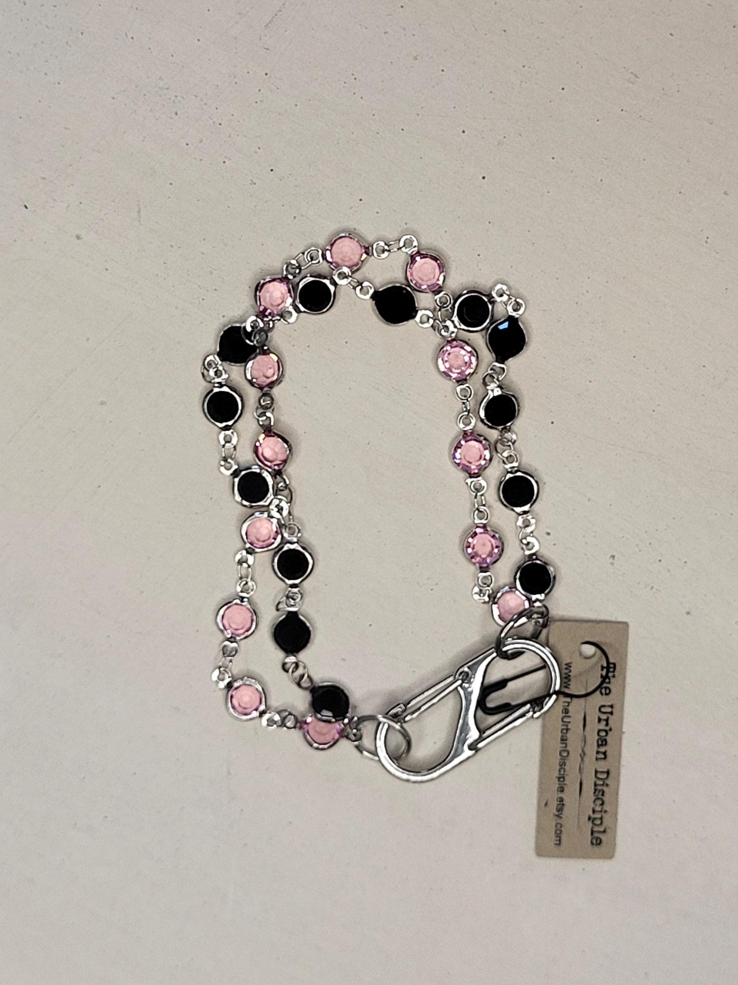 Pink and Black Crystal Necklace with French Coin and Sparkly Clasp - Statement Jewelry