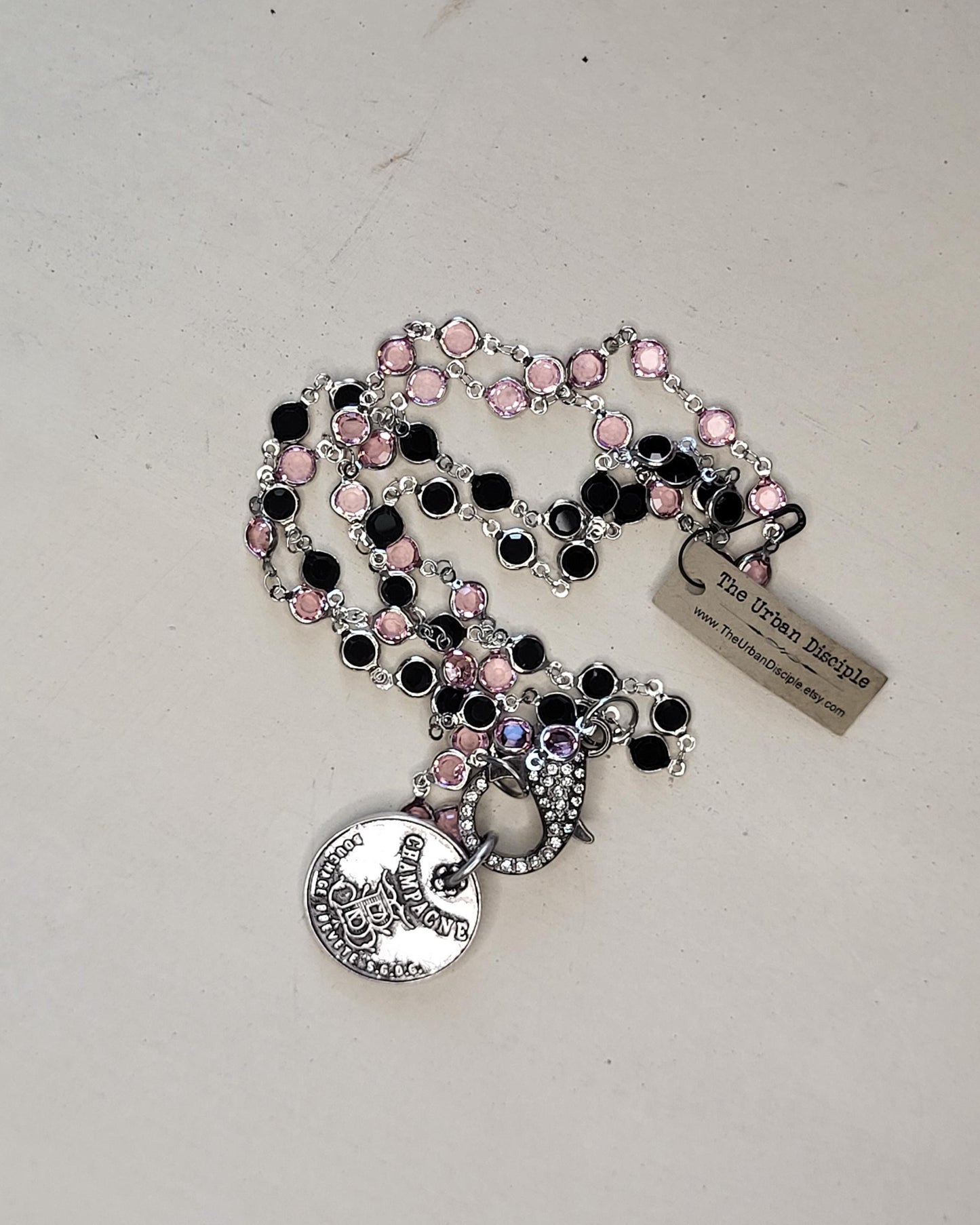 Pink and Black Crystal Necklace with French Coin and Sparkly Clasp - Statement Jewelry