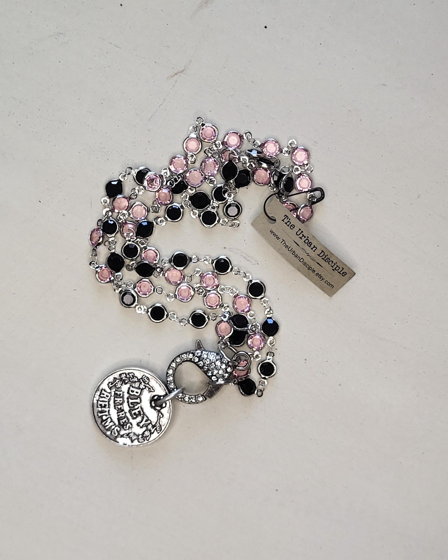 Pink and Black Crystal Necklace with French Coin and Sparkly Clasp - Statement Jewelry