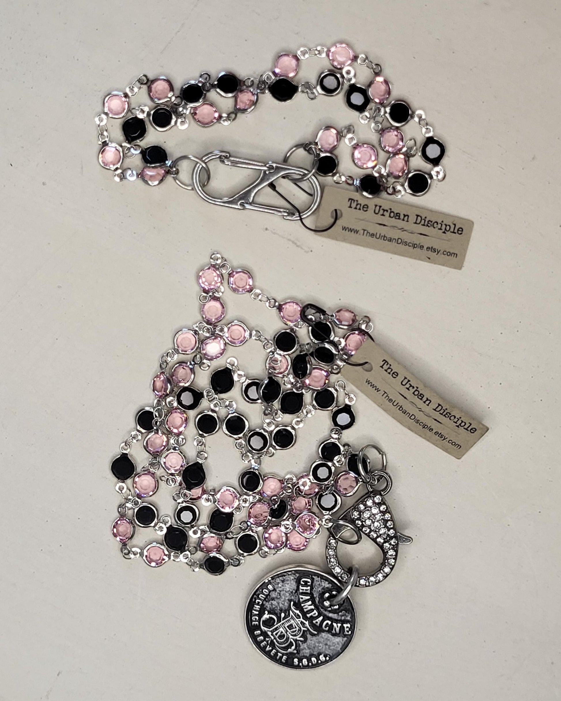 Pink and Black Crystal Necklace with French Coin and Sparkly Clasp - Statement Jewelry