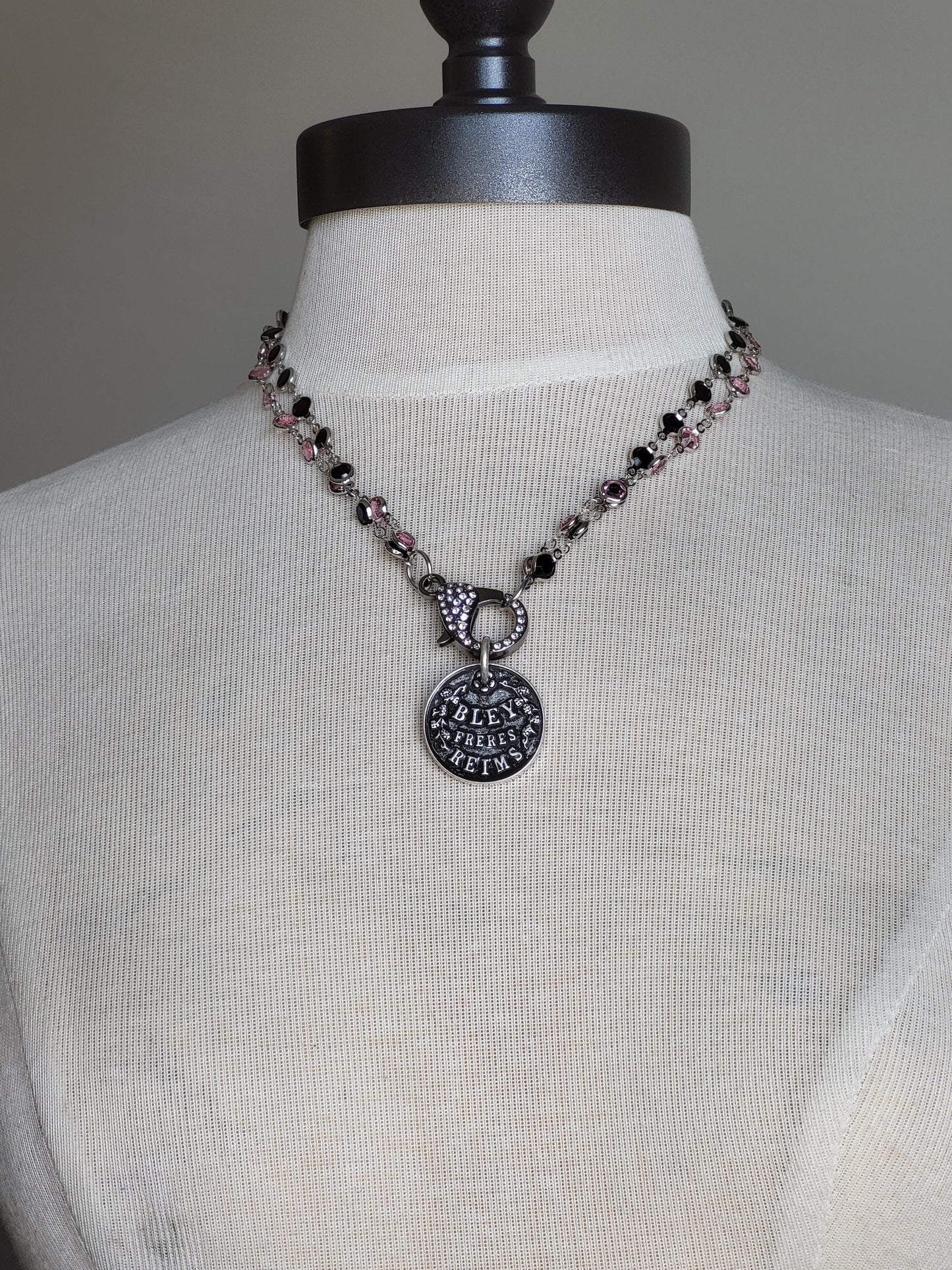 Pink and Black Crystal Necklace with French Coin and Sparkly Clasp - Statement Jewelry