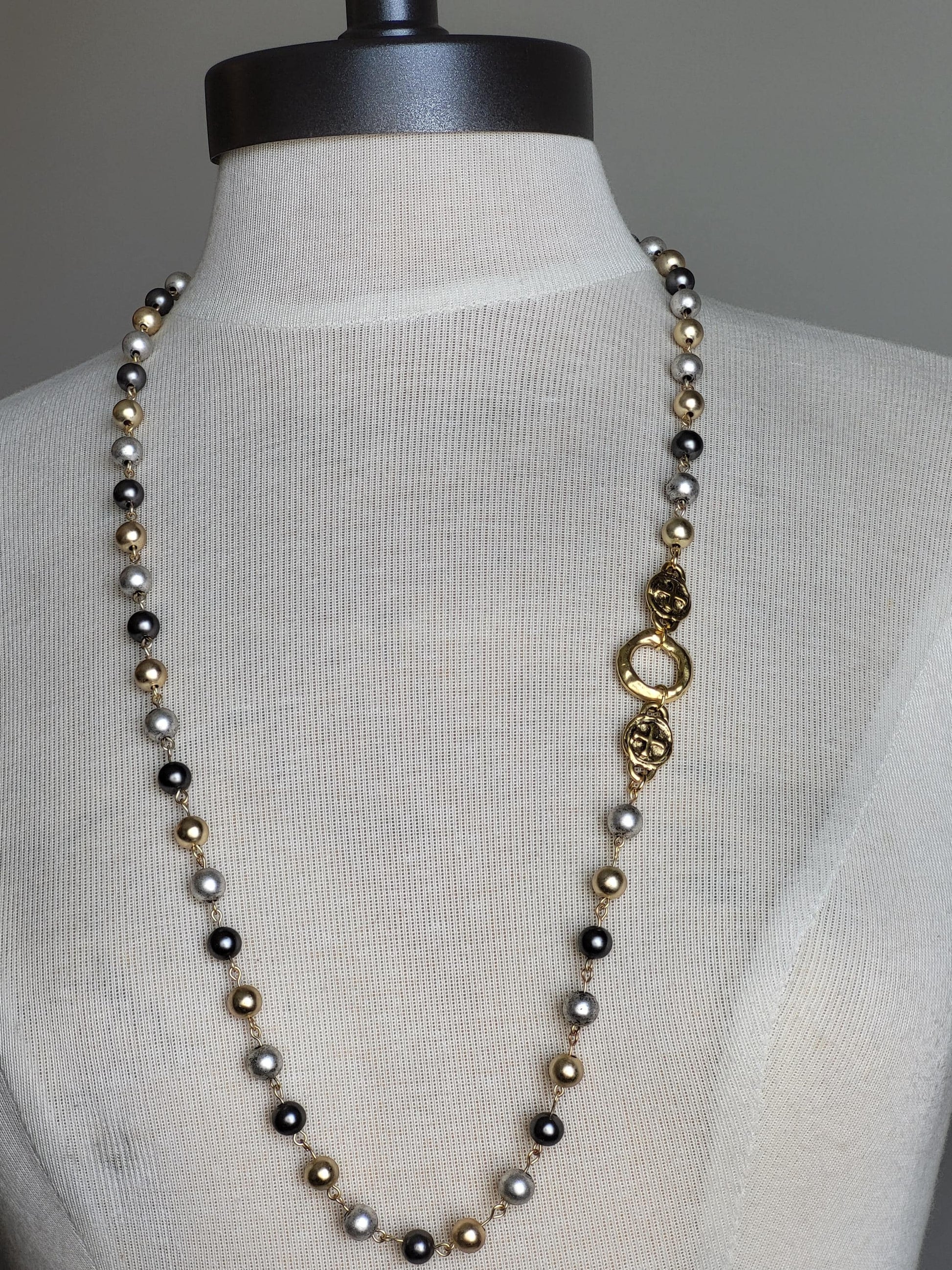 Tri-Color Pearl Rosary Chain Necklace, Layering Necklace