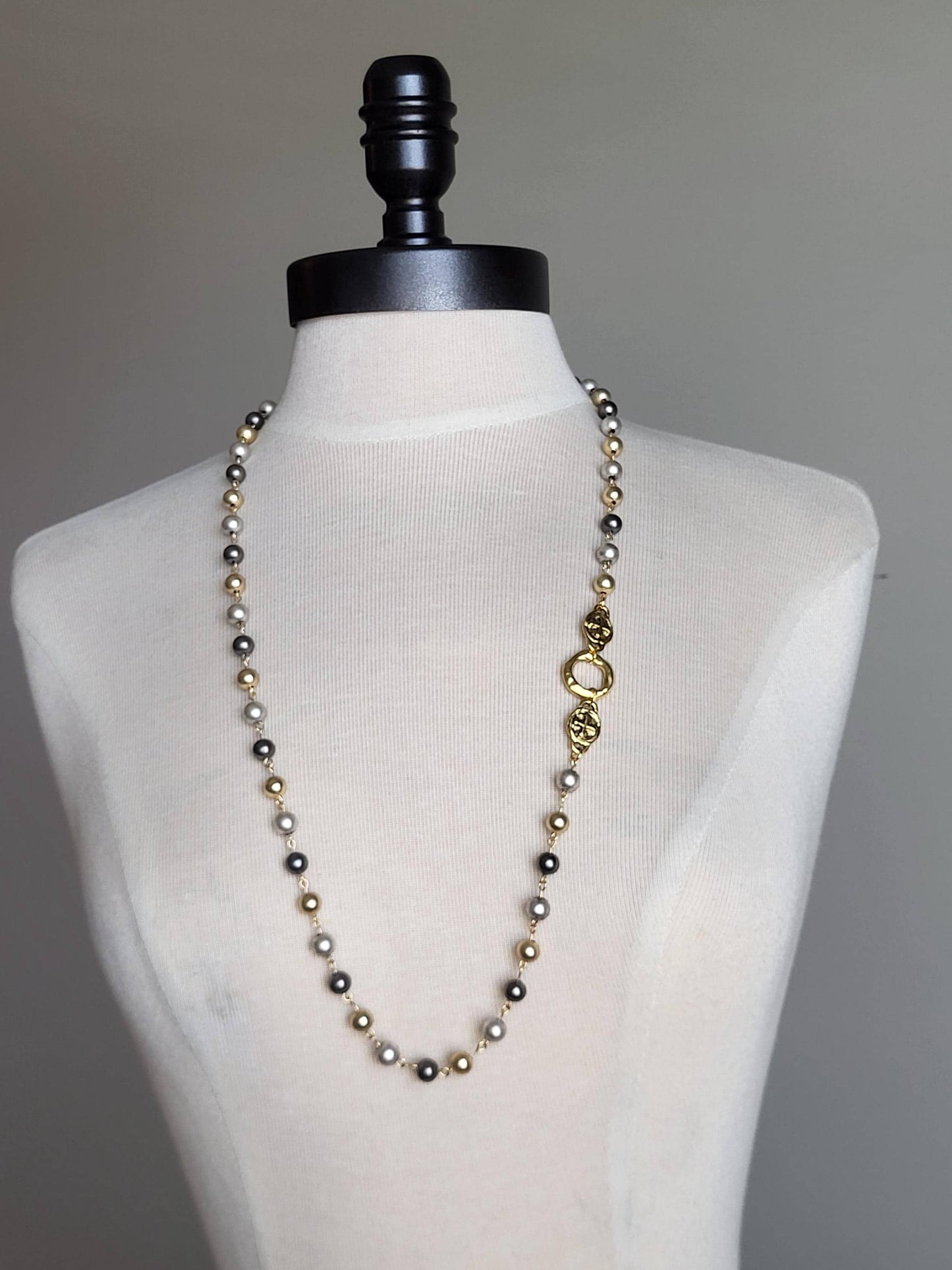 Tri-Color Pearl Rosary Chain Necklace, Layering Necklace