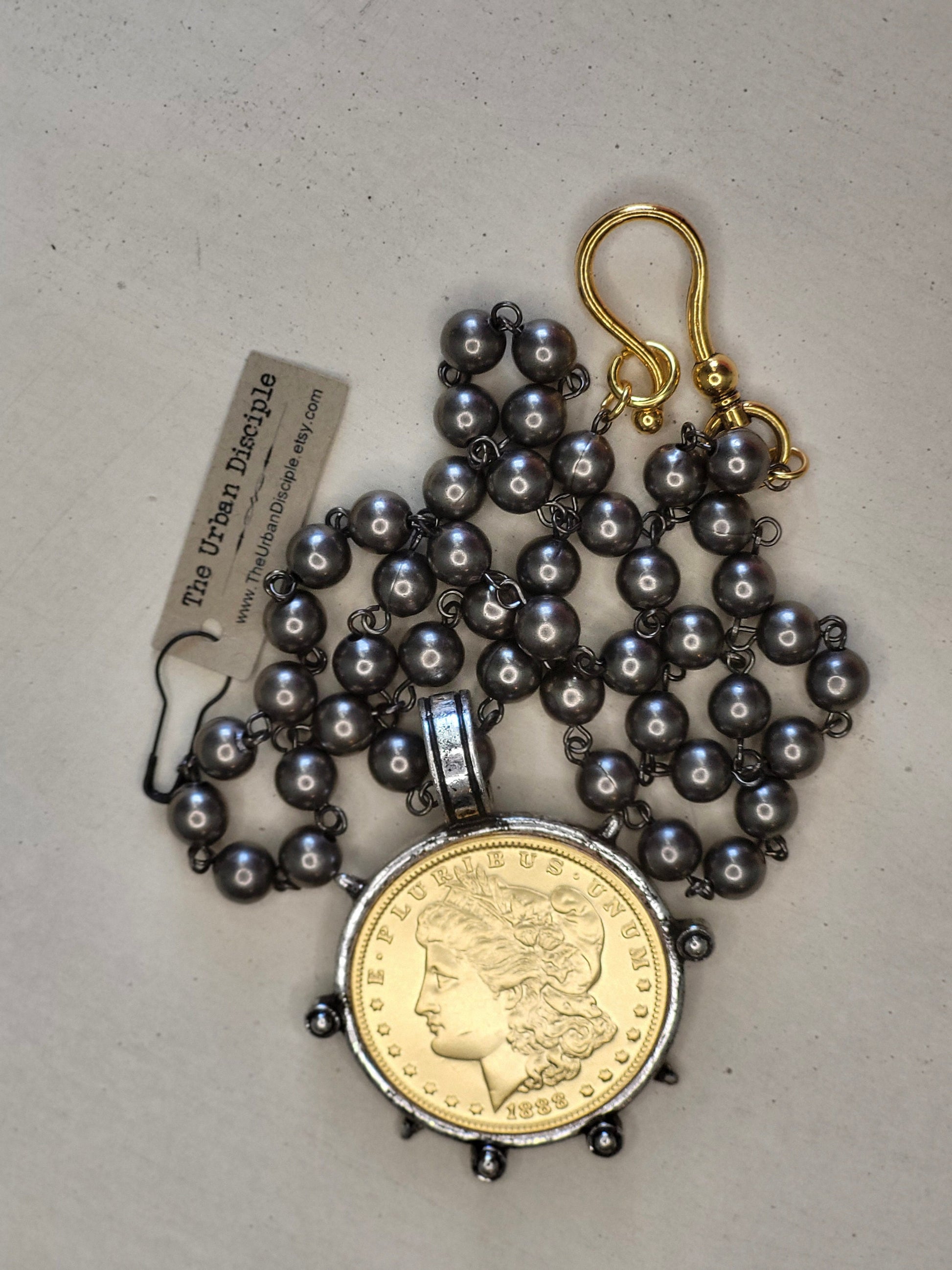 Elegant Black Pearl and Gold Liberty Coin Necklace with Oversized Clasp