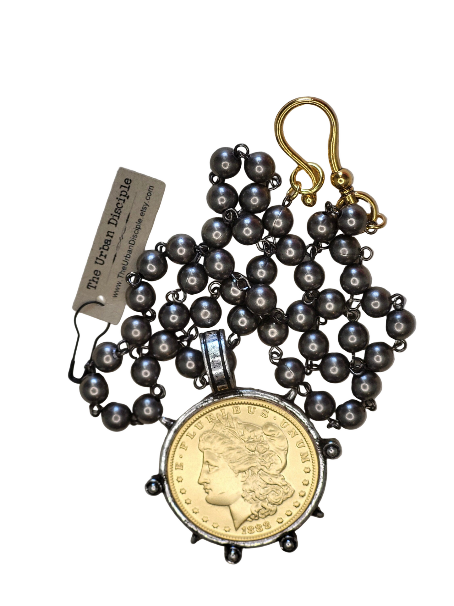 Elegant Black Pearl and Gold Liberty Coin Necklace with Oversized Clasp
