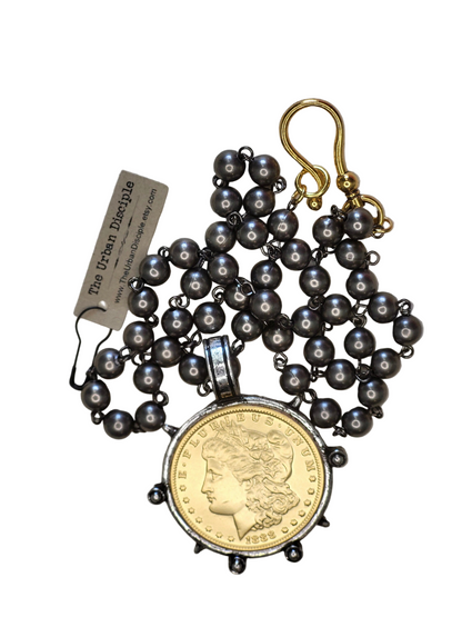 Elegant Black Pearl and Gold Liberty Coin Necklace with Oversized Clasp