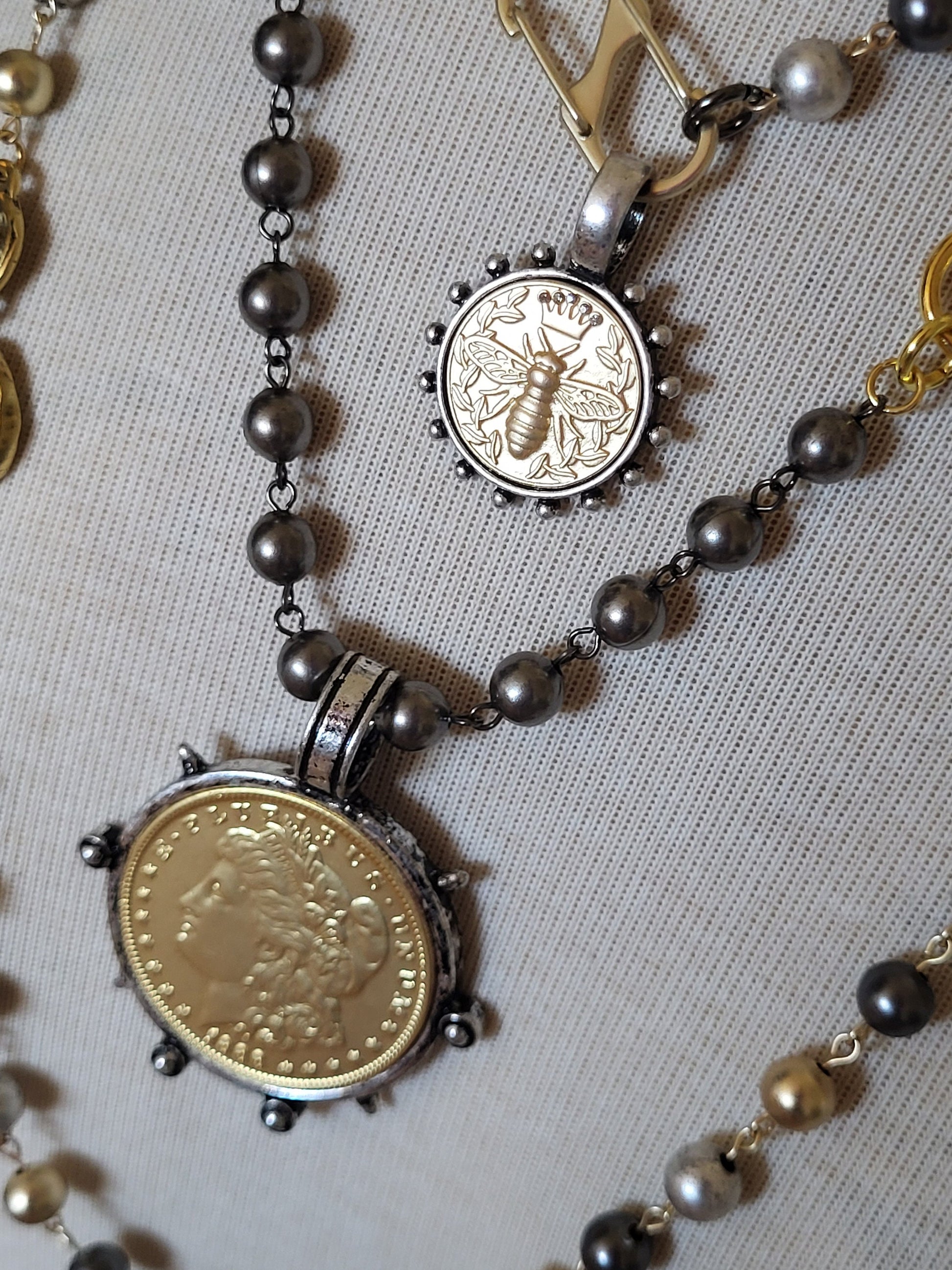 Elegant Black Pearl and Gold Liberty Coin Necklace with Oversized Clasp