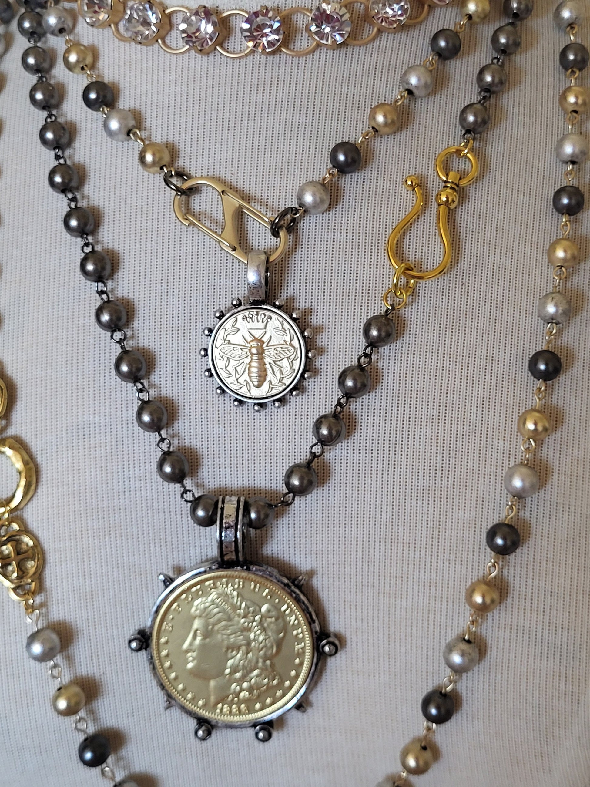 Elegant Black Pearl and Gold Liberty Coin Necklace with Oversized Clasp