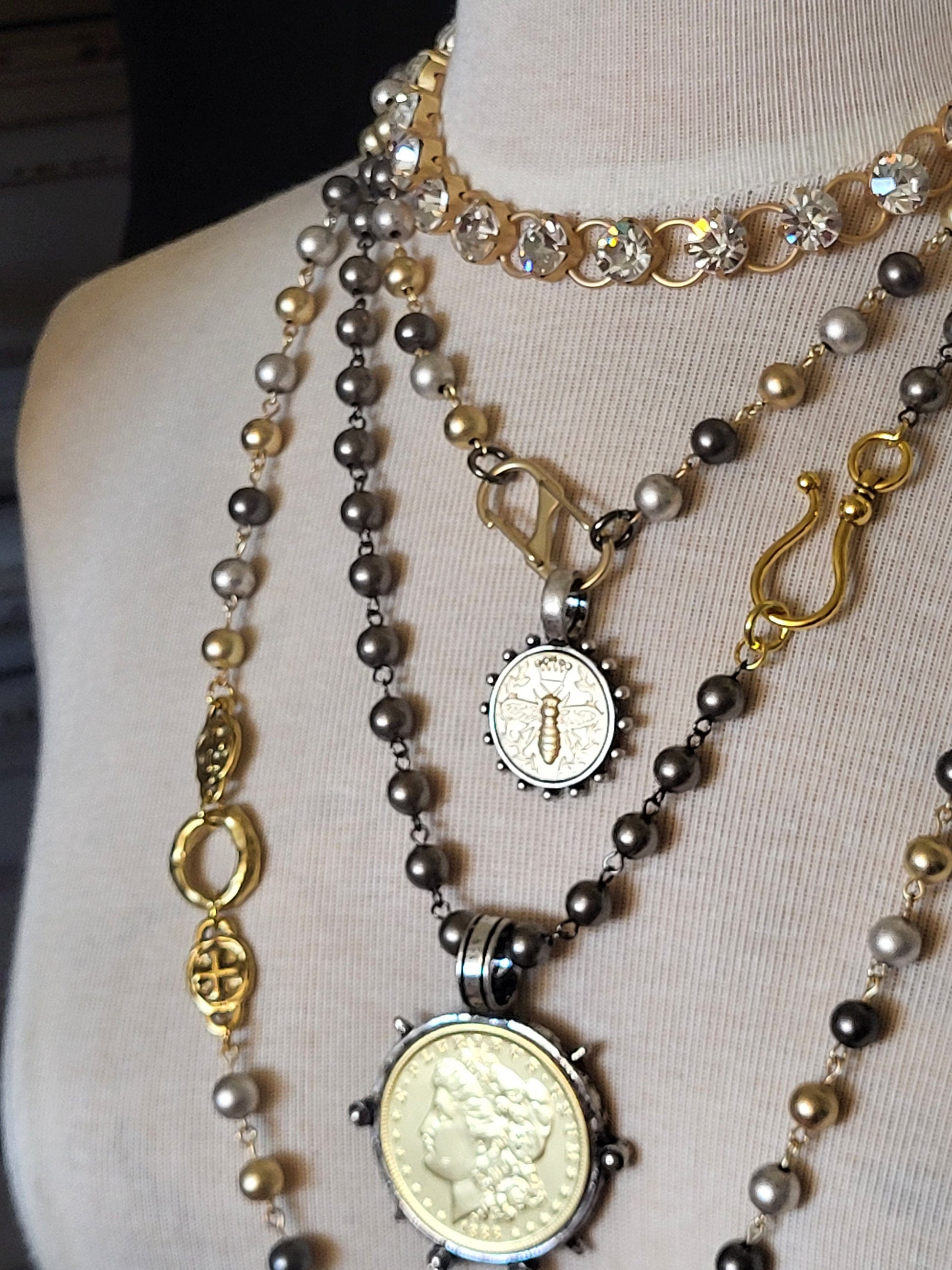 Elegant Black Pearl and Gold Liberty Coin Necklace with Oversized Clasp