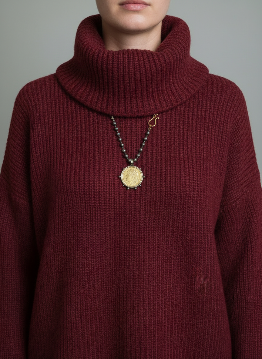 Elegant Black Pearl and Gold Liberty Coin Necklace with Oversized Clasp