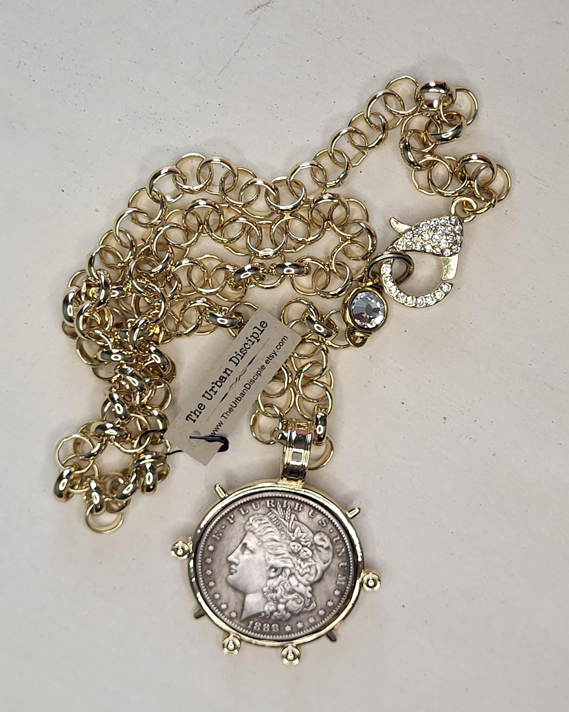 Burnished Silver Coin Necklace-Reproduction Liberty Coin Pendant--Large CZ Clasp -Long Gold Rolo Chain-Gold Bezel Coin-Vintage Coin Jewelry