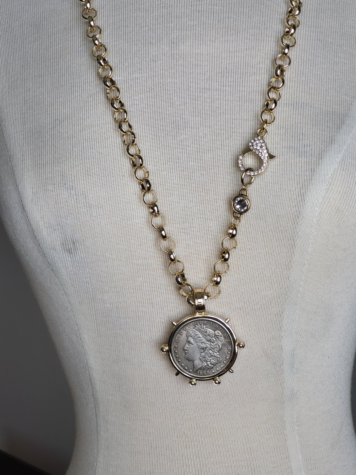 Burnished Silver Coin Necklace-Reproduction Liberty Coin Pendant--Large CZ Clasp -Long Gold Rolo Chain-Gold Bezel Coin-Vintage Coin Jewelry