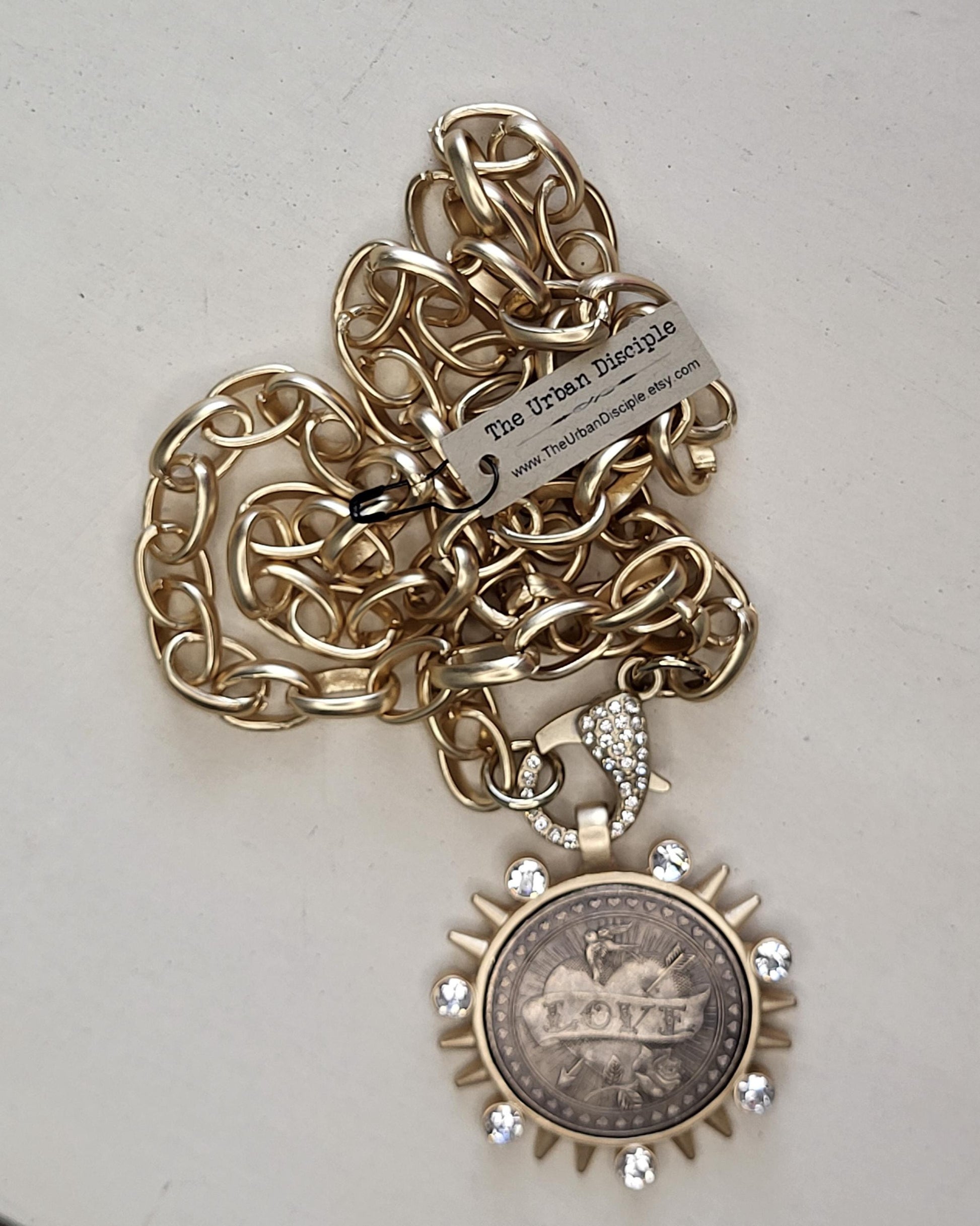 Burnished Silver Coin Necklace-Reproduction Liberty Coin Pendant--Large CZ Clasp -Long Gold Rolo Chain-Gold Bezel Coin-Vintage Coin Jewelry