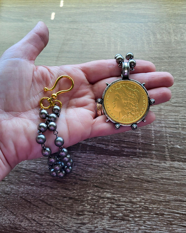 Elegant Black Pearl and Gold Liberty Coin Necklace with Oversized Clasp
