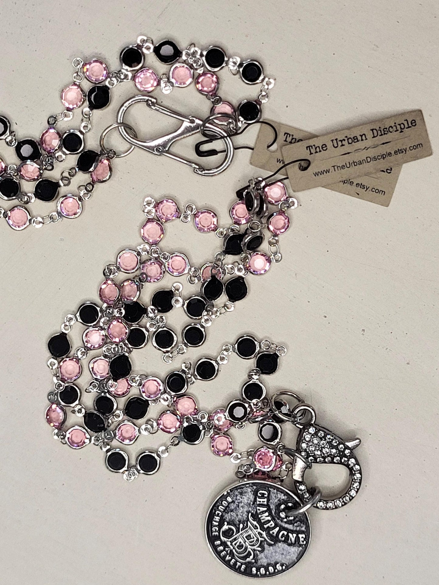 Pink and Black Crystal Necklace with French Coin and Sparkly Clasp - Statement Jewelry