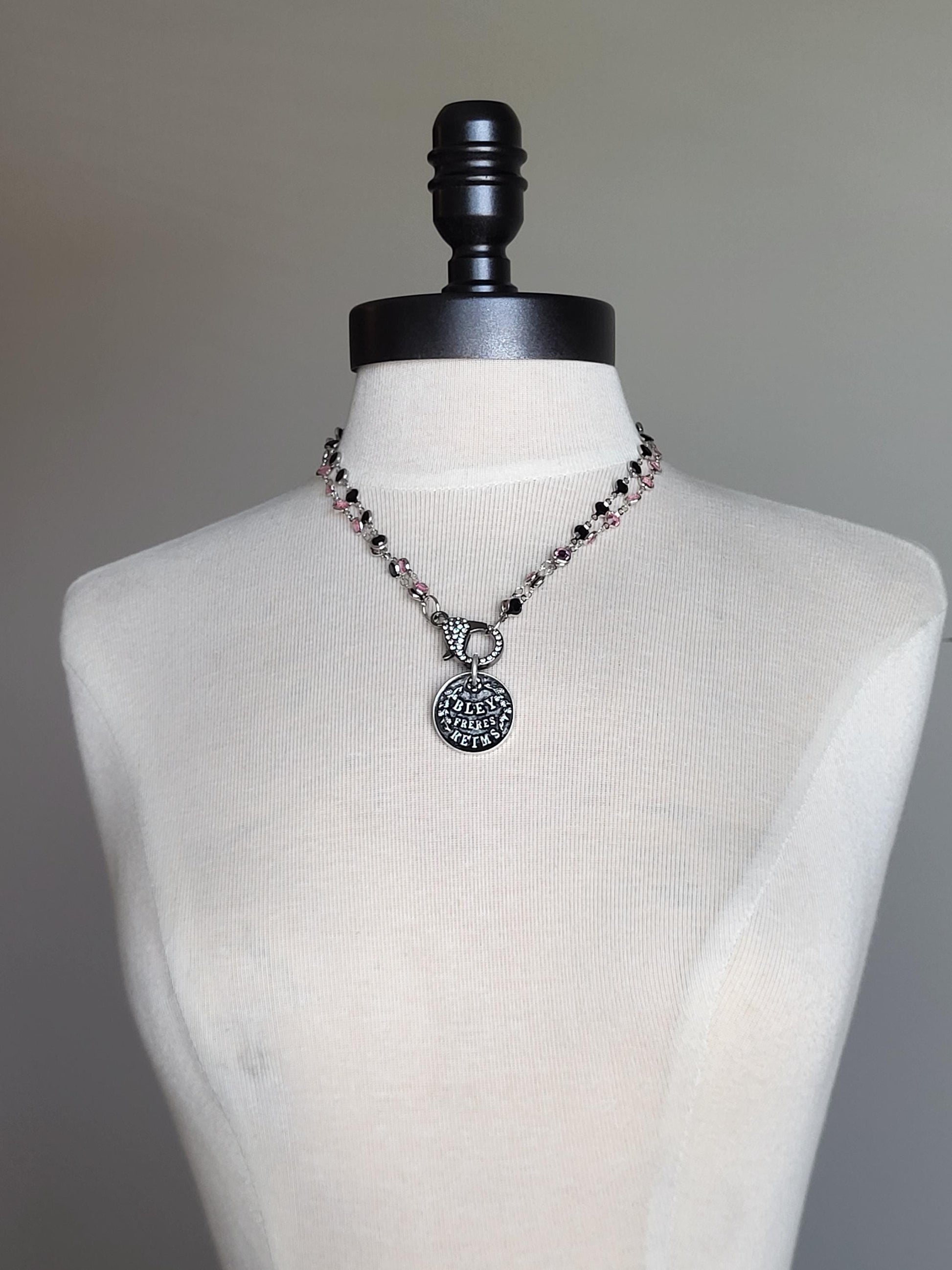 Pink and Black Crystal Necklace with French Coin and Sparkly Clasp - Statement Jewelry