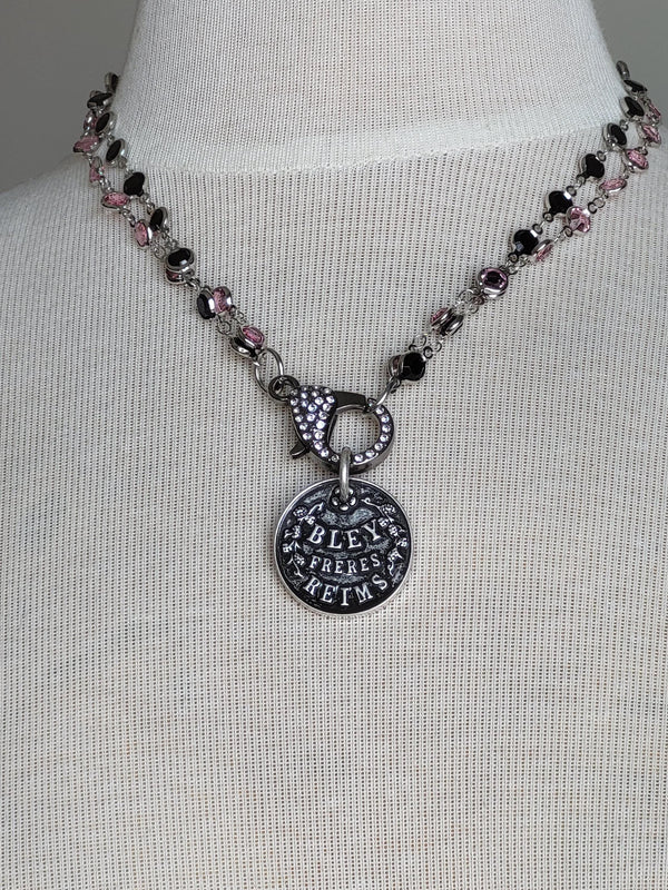 Pink and Black Crystal Necklace with French Coin and Sparkly Clasp - Statement Jewelry