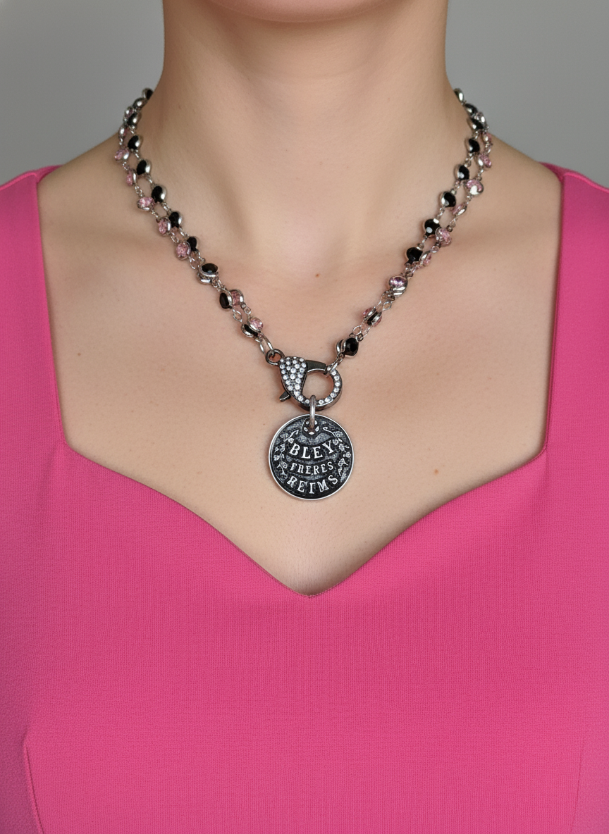 Pink and Black Crystal Necklace with French Coin and Sparkly Clasp - Statement Jewelry
