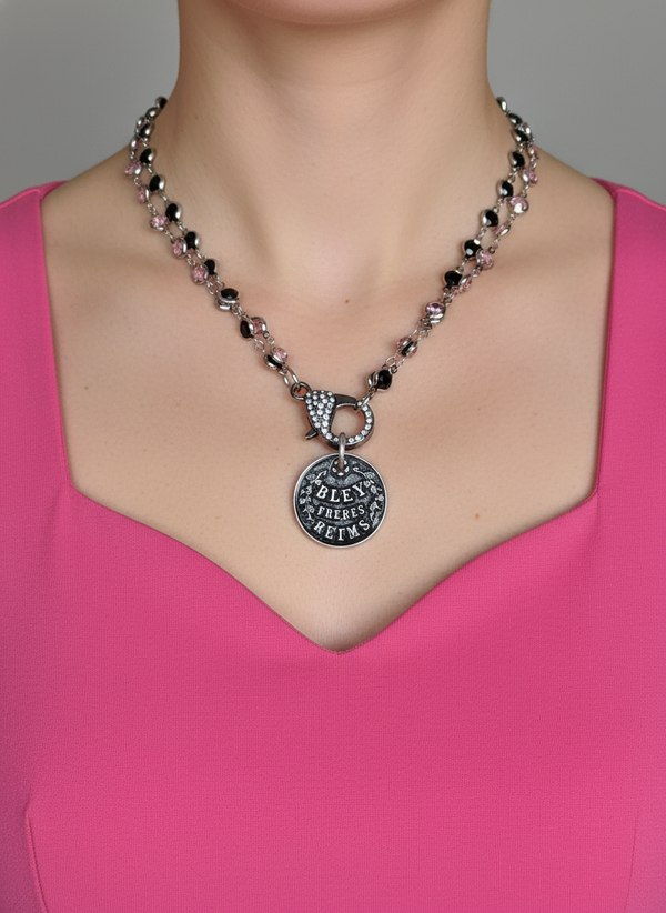 Pink and Black Crystal Necklace with French Coin and Sparkly Clasp - Statement Jewelry