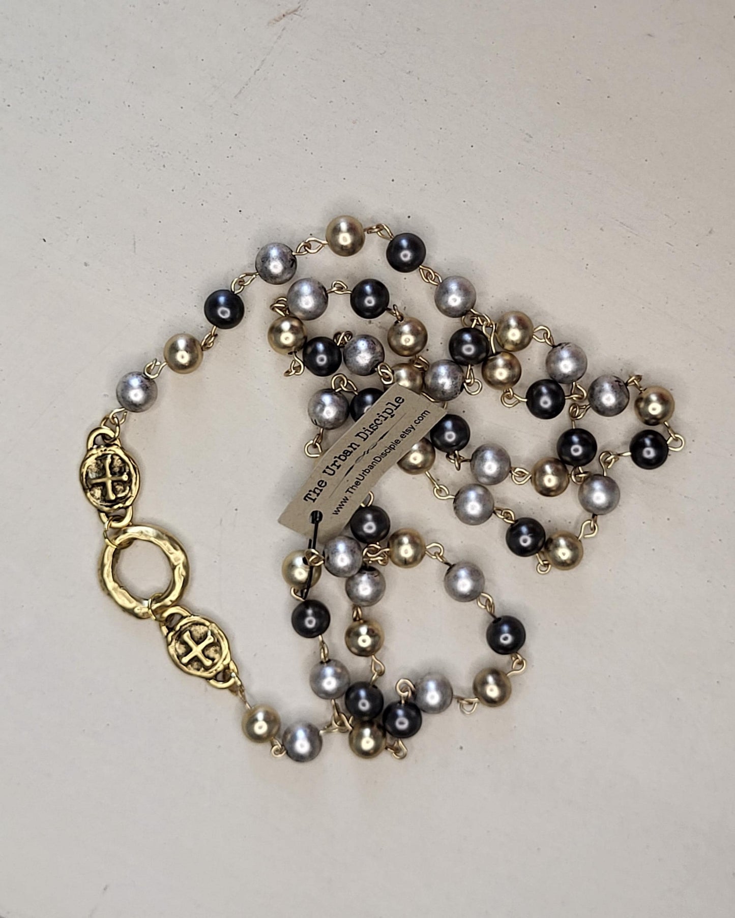 Tri-Color Pearl Rosary Chain Necklace, Layering Necklace