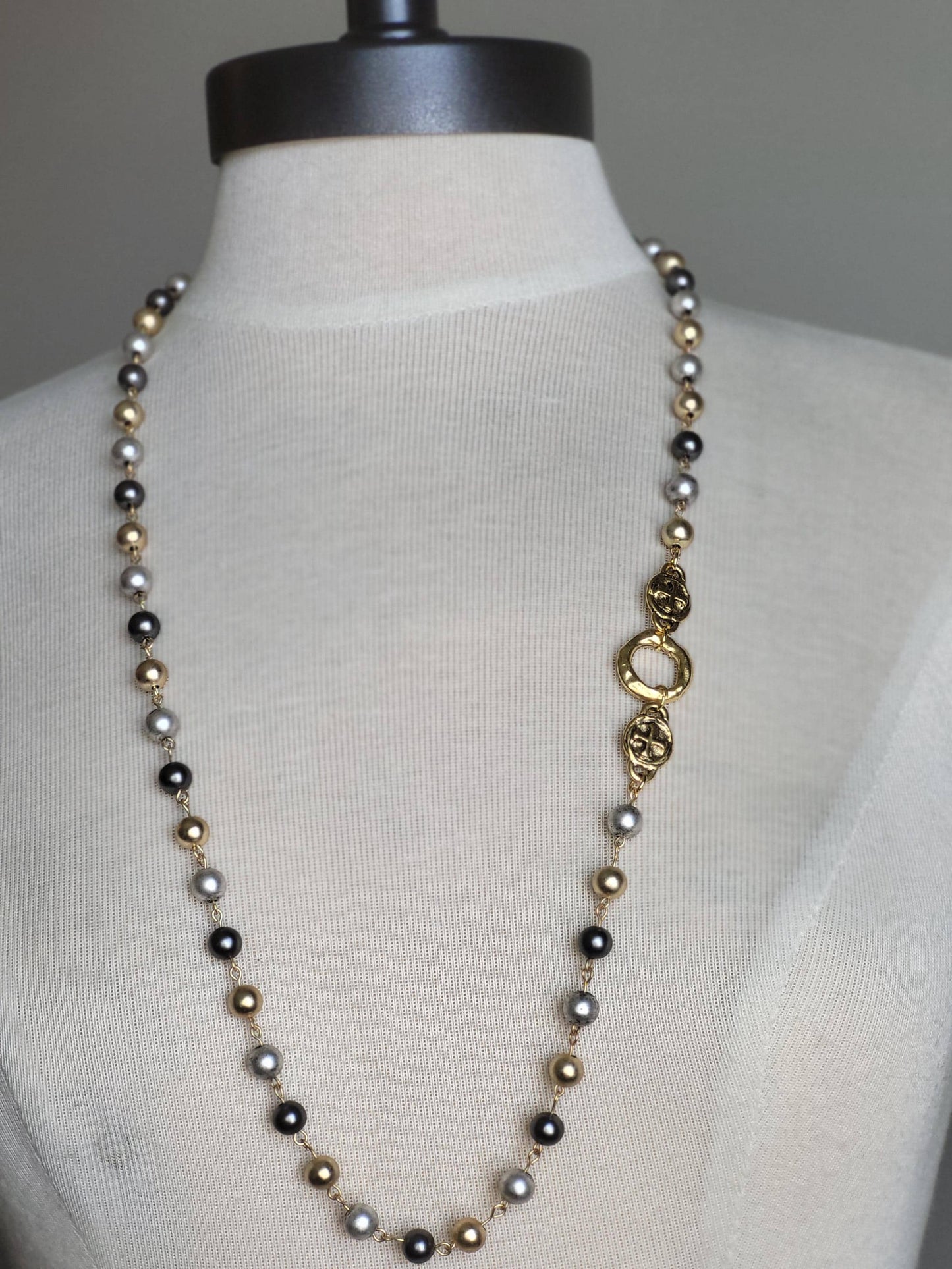 Tri-Color Pearl Rosary Chain Necklace, Layering Necklace