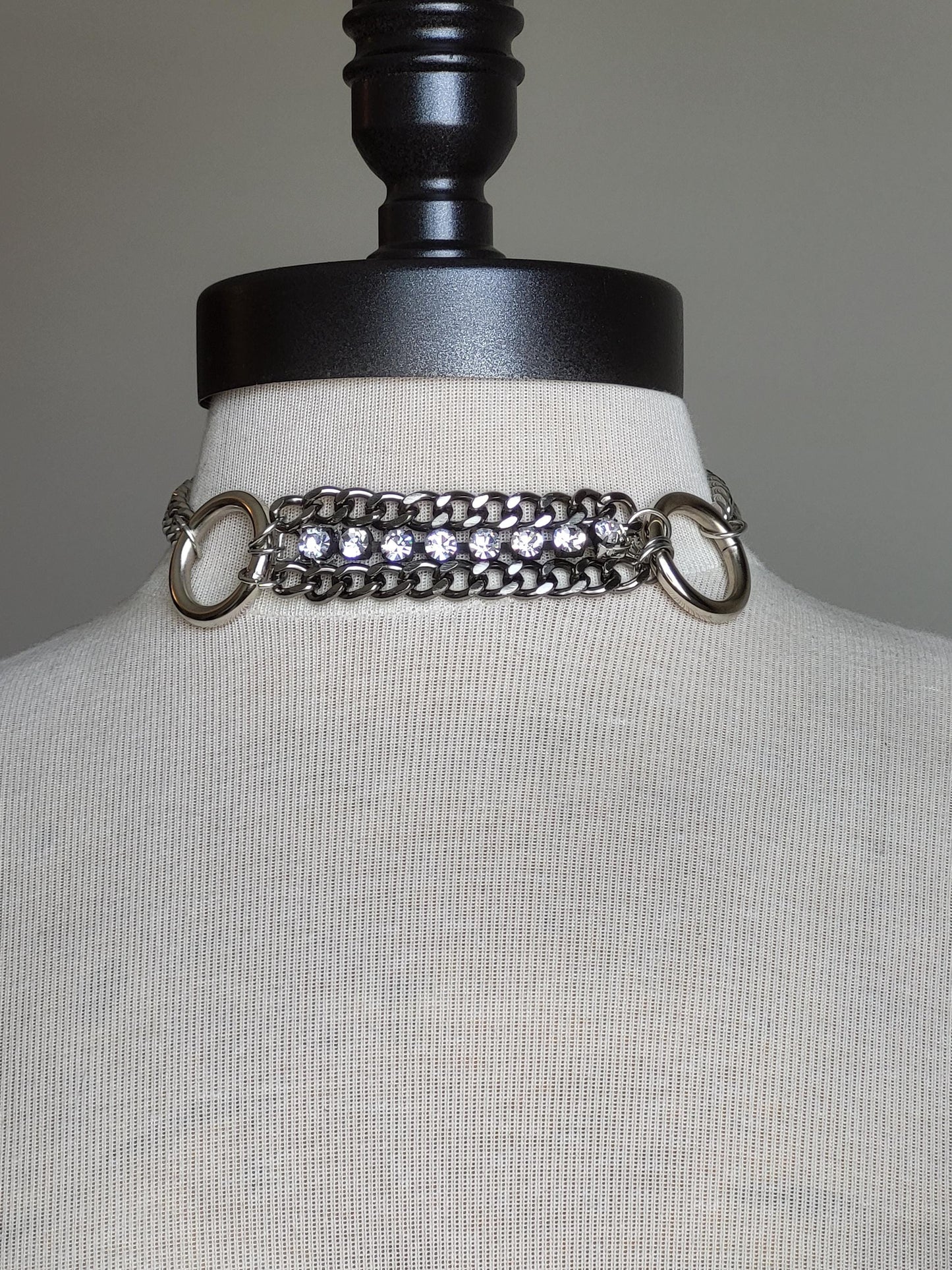 Large Link, Stainless Steel Choker Necklace-Large Silver Cuban Curb Chain, Rhinestone Chain and O Rings-Large Chunky Chain-Handmade Jewelry