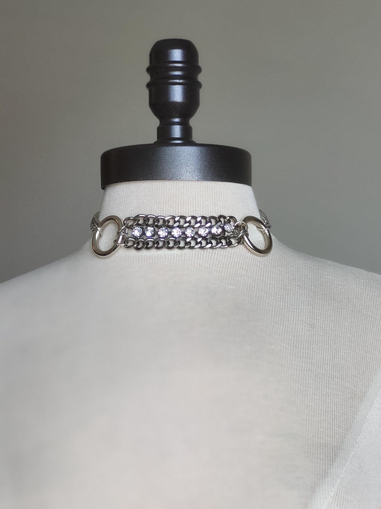 Large Link, Stainless Steel Choker Necklace-Large Silver Cuban Curb Chain, Rhinestone Chain and O Rings-Large Chunky Chain-Handmade Jewelry