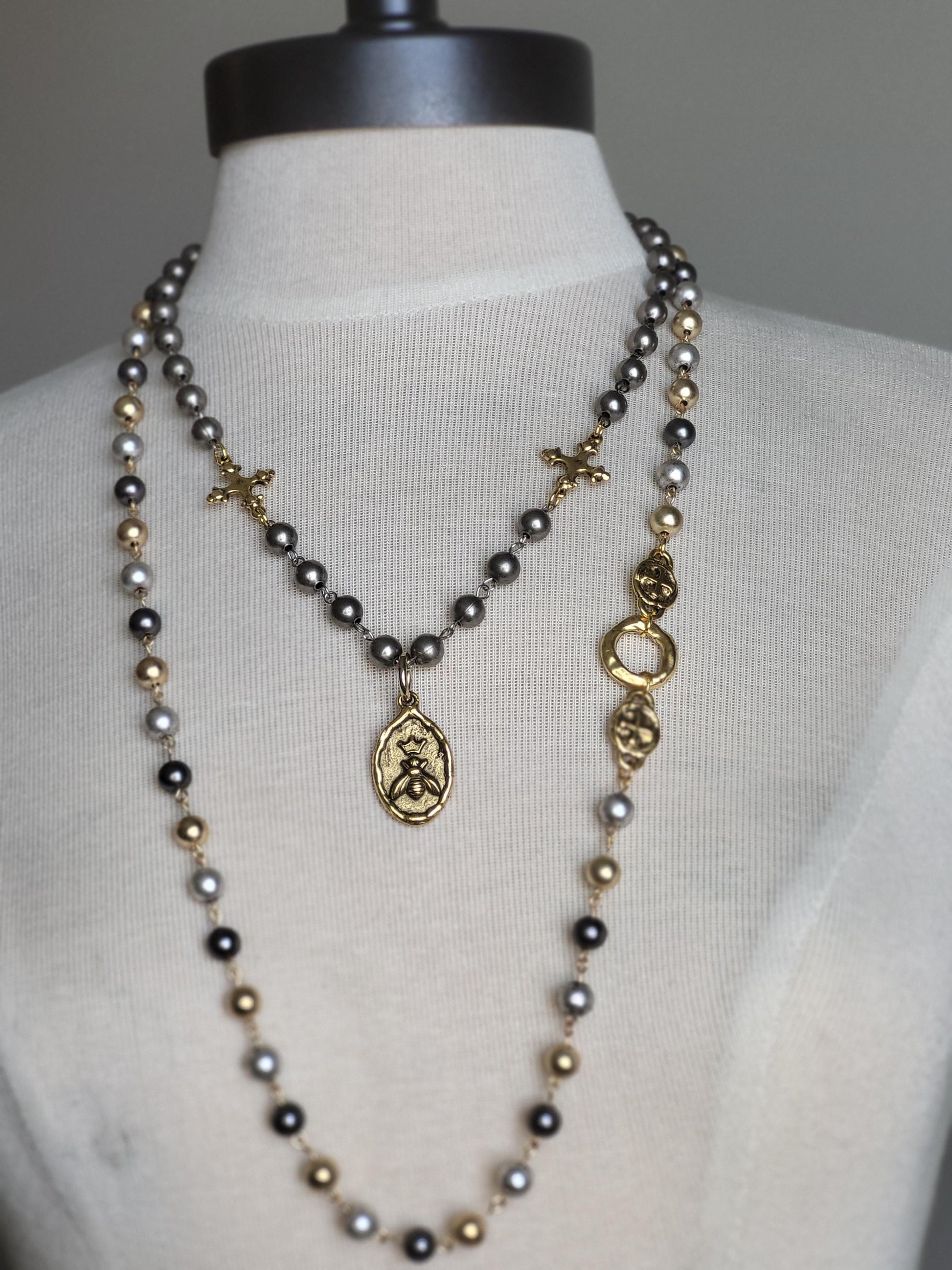Tri-Color Pearl Rosary Chain Necklace, Layering Necklace