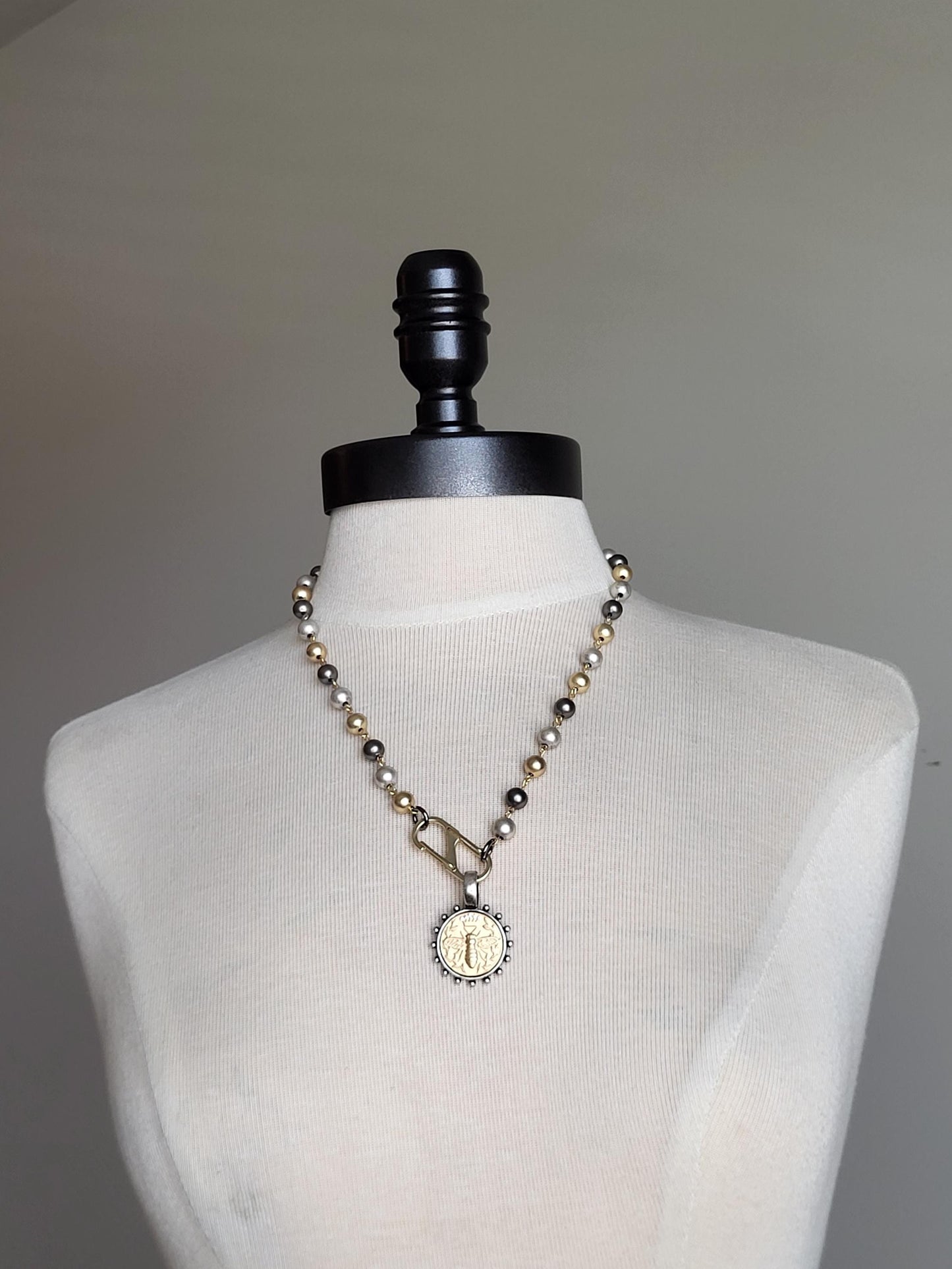 Bee Coin Necklace, Black Pearl Necklace with French Bee Coin Pendant, Honey Bee Jewelry, Rhinestone Clasp, Pearl Necklace