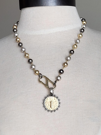 Queen Bee Coin Necklace: Tri-Color Pearl Chain, Gold Pendant