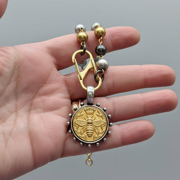 Queen Bee Coin Necklace: Tri-Color Pearl Chain, Gold Pendant