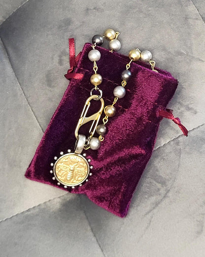 Queen Bee Coin Necklace with Tri Color Pearls, S Clamp Clasp - Honey Bee Jewelry, Elegant Pearl Necklace"