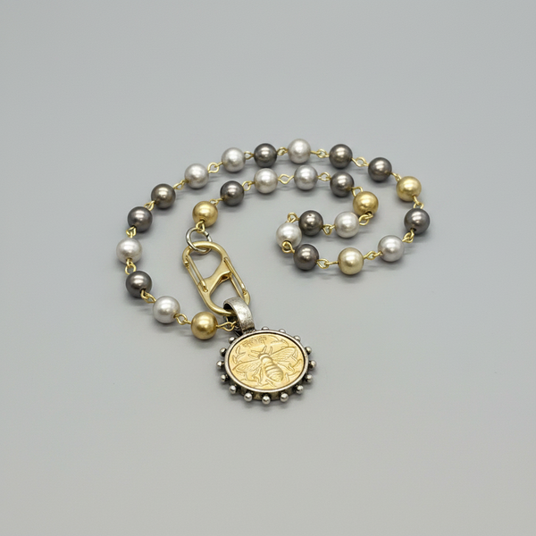 Queen Bee Coin Necklace: Tri-Color Pearl Chain, Gold Pendant