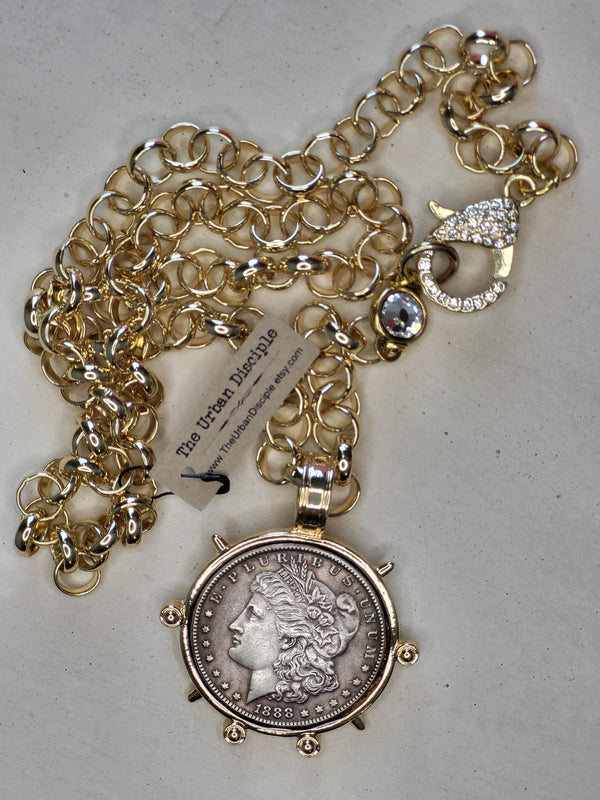 Burnished Silver Coin Necklace-Reproduction Liberty Coin Pendant--Large CZ Clasp -Long Gold Rolo Chain-Gold Bezel Coin-Vintage Coin Jewelry