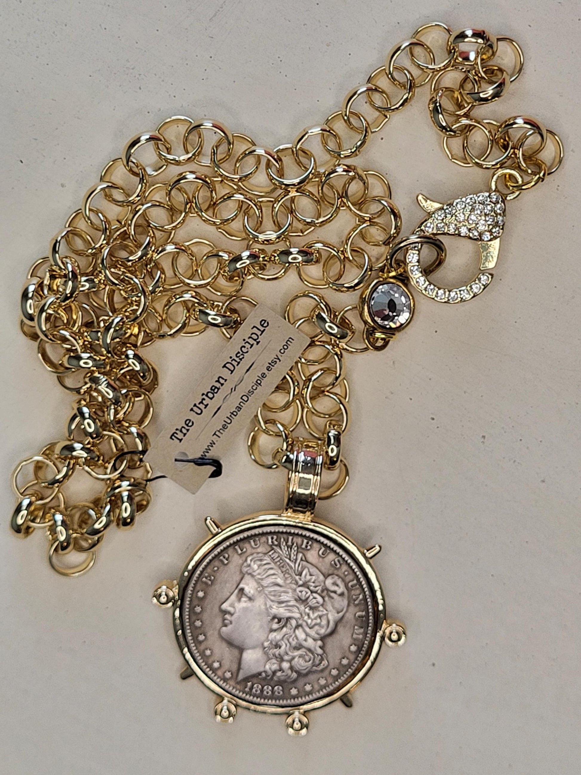 Burnished Silver Coin Necklace-Reproduction Liberty Coin Pendant--Large CZ Clasp -Long Gold Rolo Chain-Gold Bezel Coin-Vintage Coin Jewelry