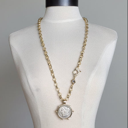 Burnished Silver Coin Necklace-Reproduction Liberty Coin Pendant--Large CZ Clasp -Long Gold Rolo Chain-Gold Bezel Coin-Vintage Coin Jewelry