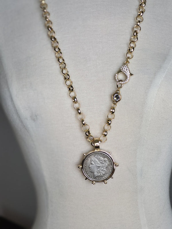 Burnished Silver Coin Necklace-Reproduction Liberty Coin Pendant--Large CZ Clasp -Long Gold Rolo Chain-Gold Bezel Coin-Vintage Coin Jewelry