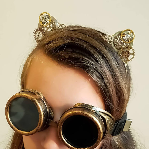 Steampunk Cat Ears Headband with Gears: Halloween Cosplay Costume Accessory for Kitty Lovers
