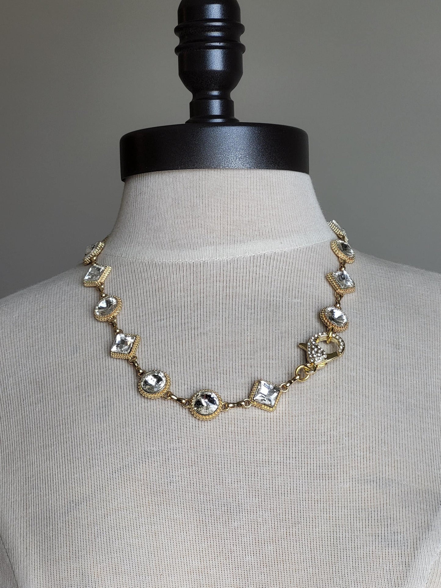 Large Crystal Necklace, Chunky Gold Necklace, Layering Chain With Rhinestone Clasp- Handmade Jewelry