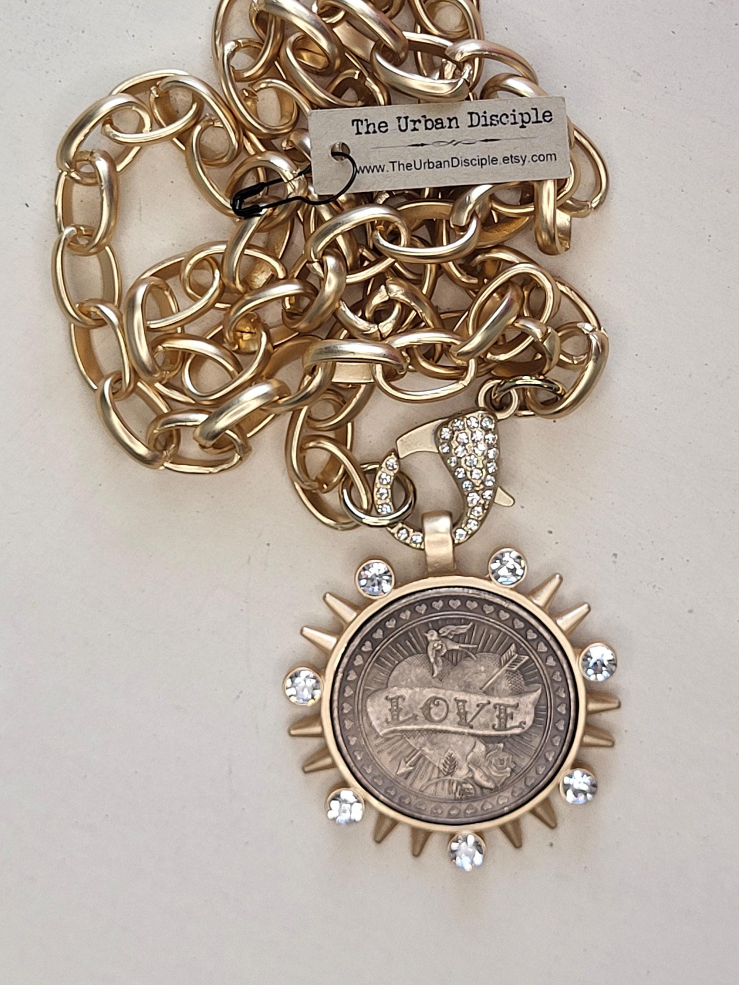 Burnished Silver Coin Necklace-Reproduction Liberty Coin Pendant--Large CZ Clasp -Long Gold Rolo Chain-Gold Bezel Coin-Vintage Coin Jewelry