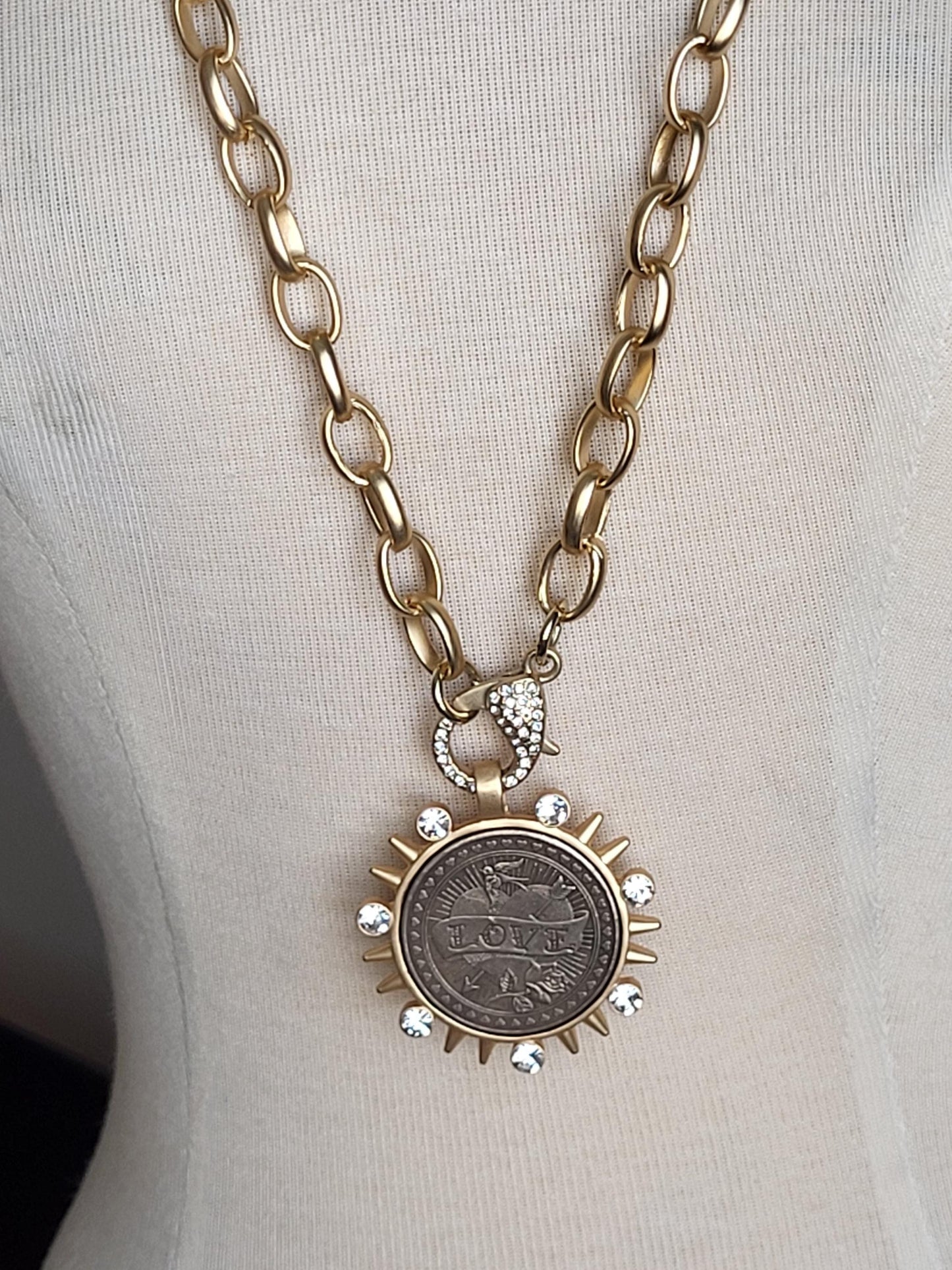 Burnished Silver Coin Necklace-Reproduction Liberty Coin Pendant--Large CZ Clasp -Long Gold Rolo Chain-Gold Bezel Coin-Vintage Coin Jewelry