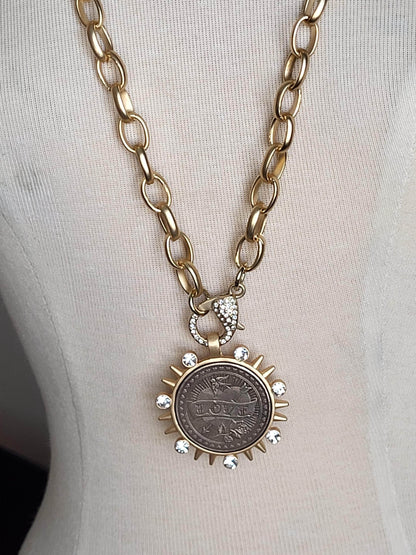 Silver Coin Necklace, Long Statement Necklace -Large CZ Clasp -Custom Length, Chunky Gold Oval Link Chain-Vintage Coin Jewelry