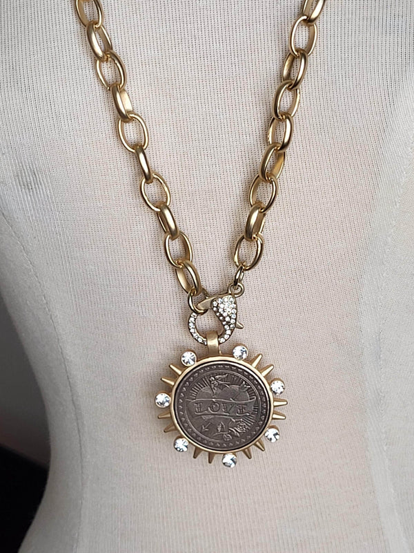 Silver Coin Necklace, Long Statement Necklace -Large CZ Clasp -Custom Length, Chunky Gold Oval Link Chain-Vintage Coin Jewelry
